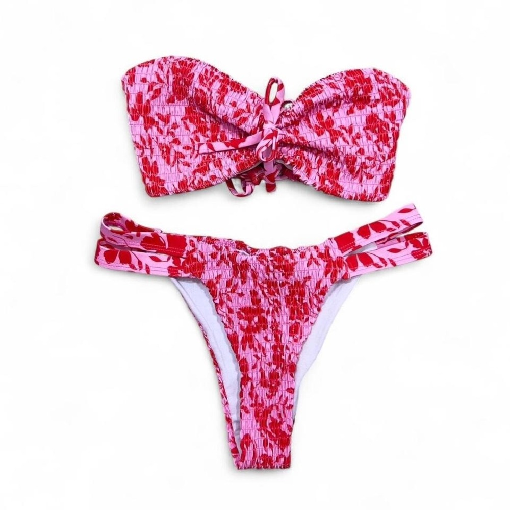 Shein Pink Floral Bandeau Bikini Set Cheeky Tropical Smocked‎ Women's Small